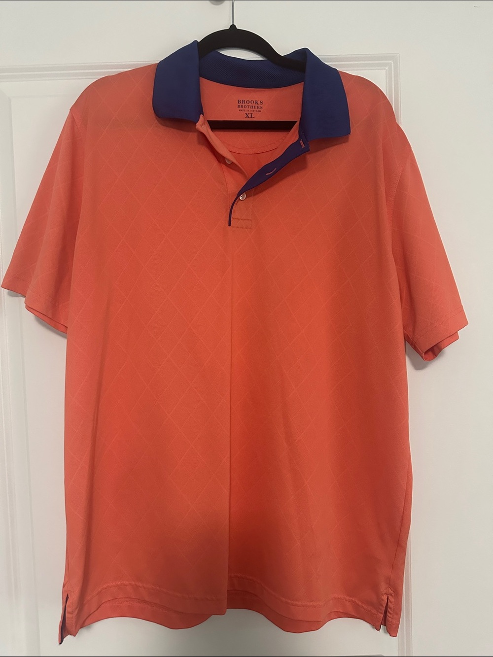 Brooks Brothers Orange Polo with Navy Trim and Diamond Pattern